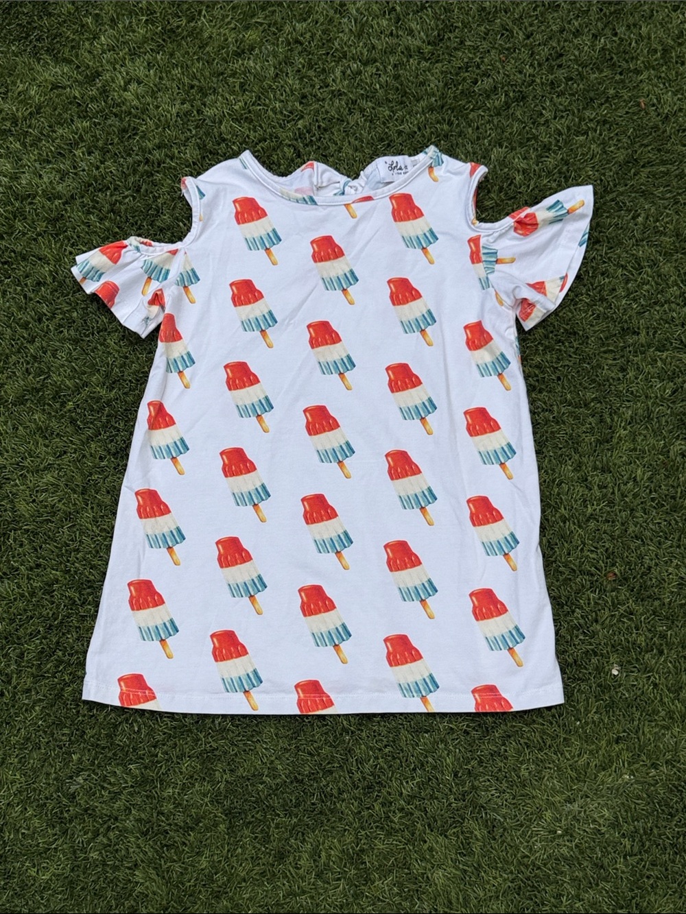 Lola + The Boys White Cold-Shoulder Popsicle Dress with Red and Blue Accents
